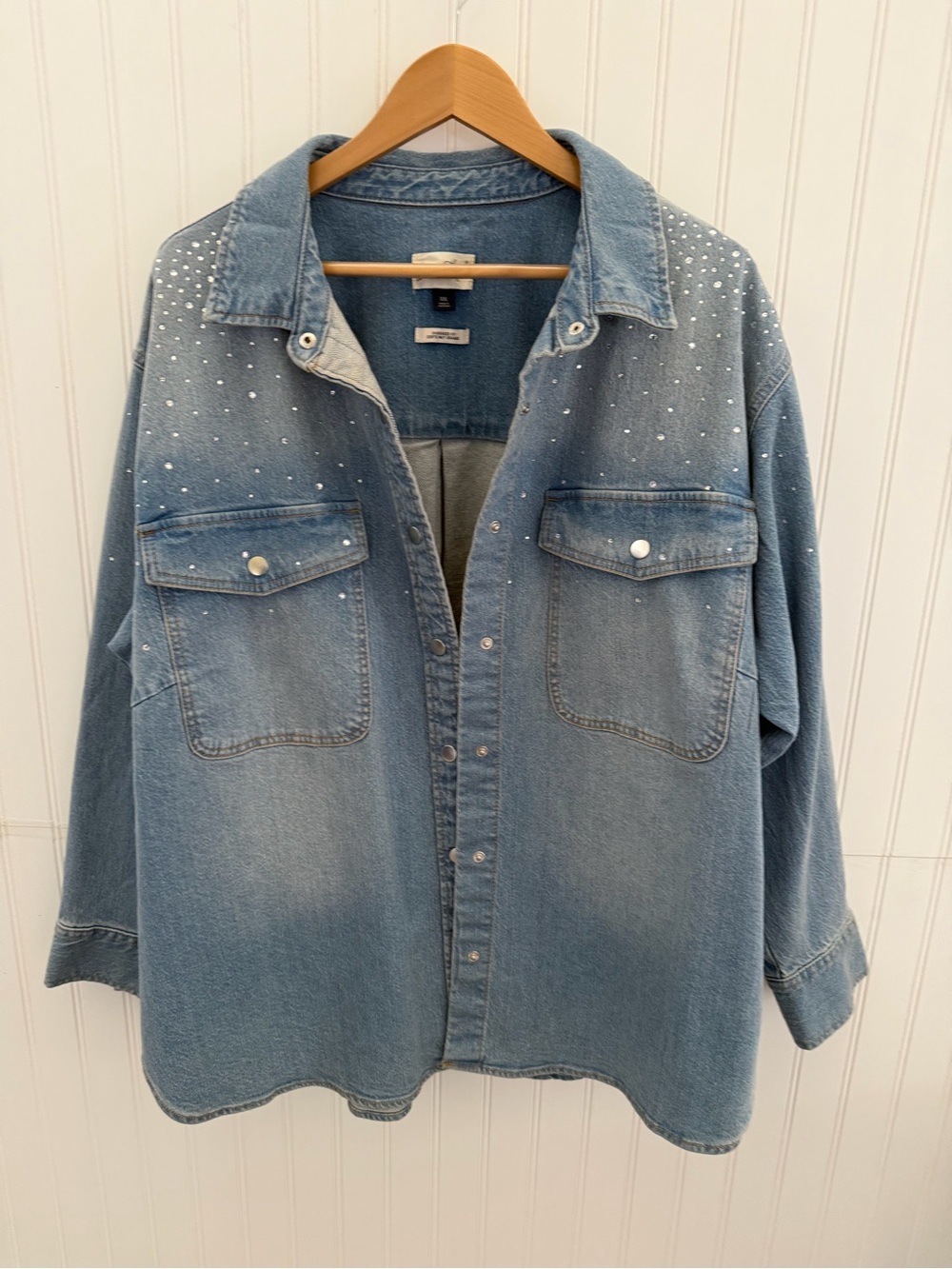 Universal Thread Oversized Denim Shirt Jacket with rhinestones in Light Blue